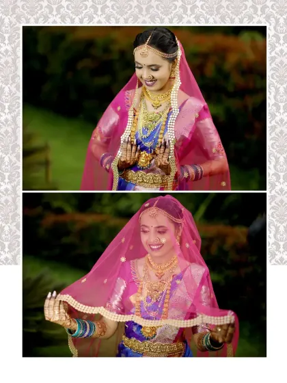 A diptych showing the bride playfully handling her pink veil, capturing a moment of joy and anticipation.