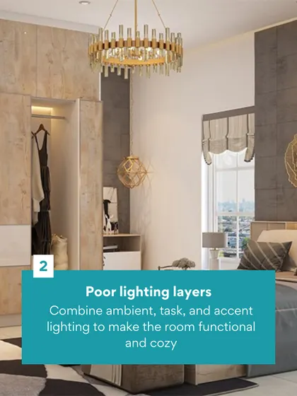 Poor lighting can make a room feel dull. We use layered lighting, including a statement chandelier and bedside lamps, to create a functional and cozy ambiance in this bedroom.