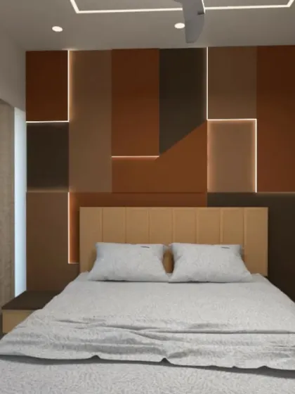 Exploring different back wall designs for a bedroom. This option uses color-blocked panels with integrated lighting.