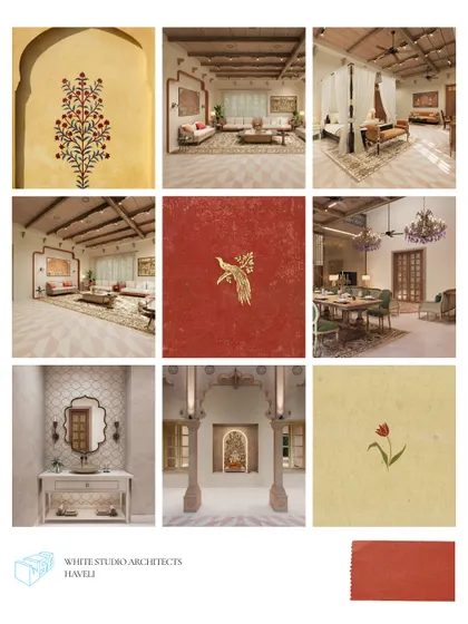 This mood board captures the essence of the Banaras haveli project. It showcases the key design elements, from the color palette and hand-painted motifs to the textures of wood, stone, and brass that define the interior spaces.