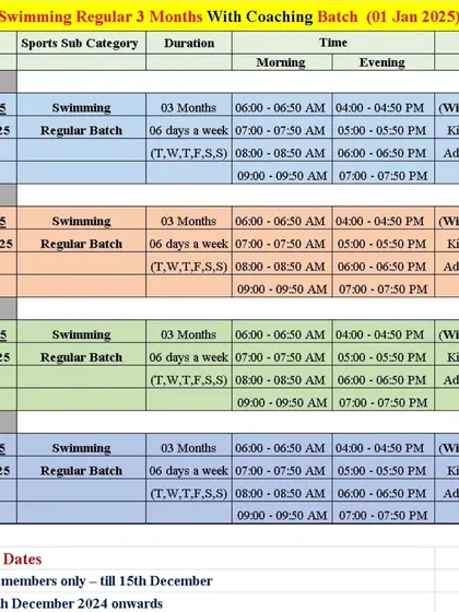 For those looking for a longer commitment, this is the schedule for our 3-month regular swimming batches for 2025. We offer multiple morning and evening slots to fit your routine.