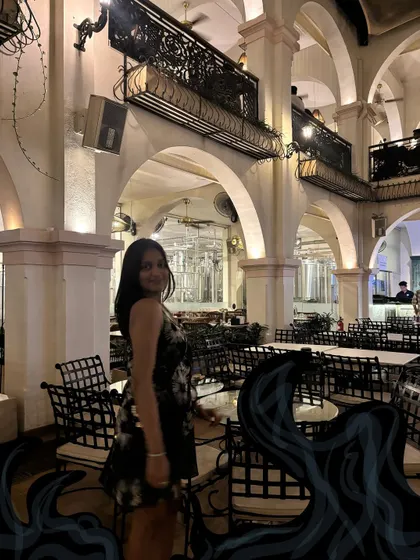 A photo in a beautiful restaurant, with some dark, wavy doodles at the bottom for a touch of mystery.