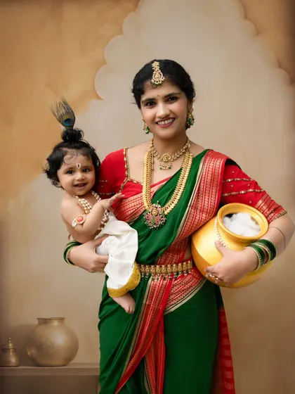 Yashoda holding a pot of butter with her little Krishna. I use a variety of props to make these festive shoots authentic and fun.