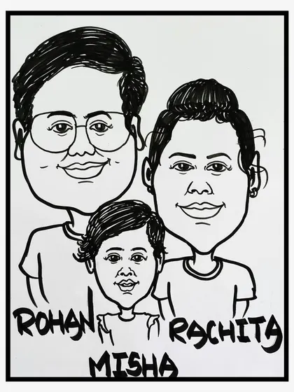 A family caricature drawn live at an event in Powai. I can include parents and children in a single portrait, creating a special family keepsake.