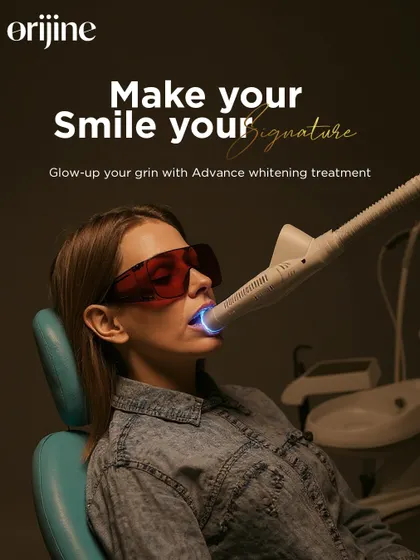 Make your smile your signature. This image captures a client undergoing our advanced whitening treatment, a quick and effective way to achieve a significant glow up for your grin. Let's reveal your brightest, most confident smile.