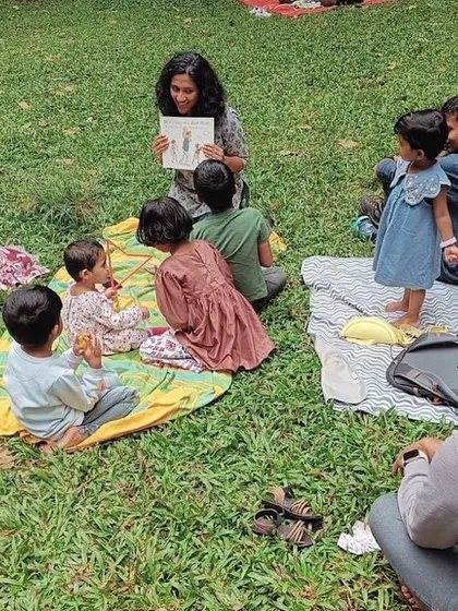 More views of our 'Stories on Courage' session. You can see the mix of toddlers, older kids, and parents, all sharing the same space and story.