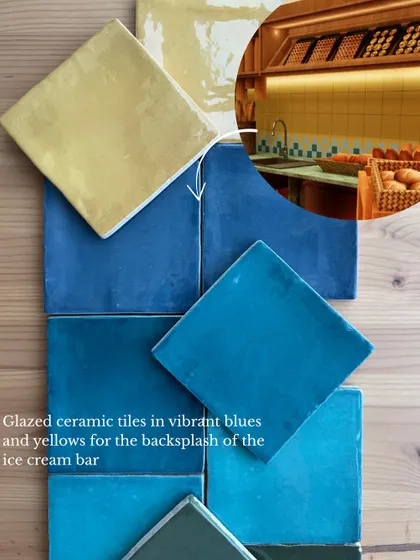 This image shows how we pair tile samples with renders to visualize the final look. The glazed ceramic tiles in vibrant blues and yellows are planned for the backsplash of the ice cream bar at Mina Creamery.