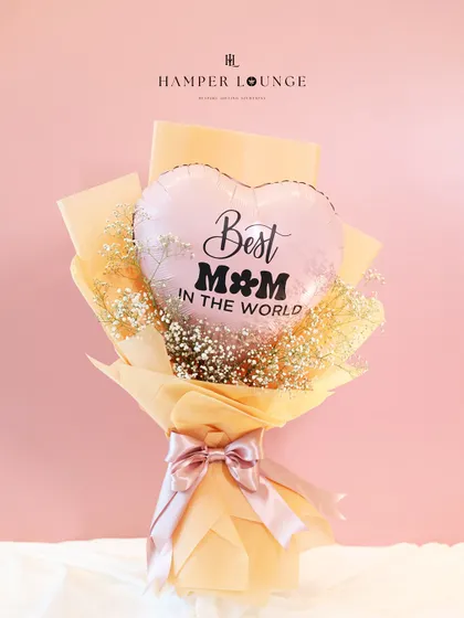 A beautifully wrapped bouquet with a "Best Mom in the World" balloon. It's a bright and heartfelt gift to celebrate her love.
