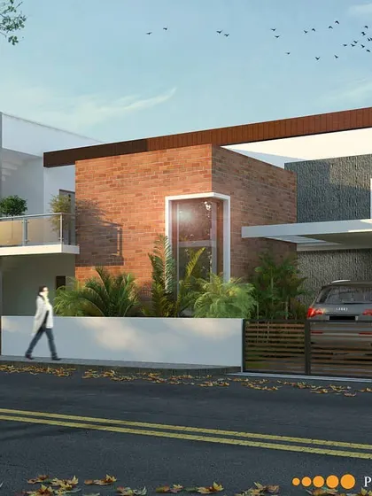 This 3D visualization shows a proposed residence in Vidyaranyapura. The design combines exposed concrete, warm brickwork, and a prominent pergola structure to create a modern home that feels connected to nature.