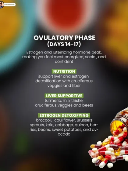 During your ovulatory phase, your nutrition should support liver function and estrogen detoxification. I recommend turmeric, milk thistle, and cruciferous veggies like broccoli and kale.