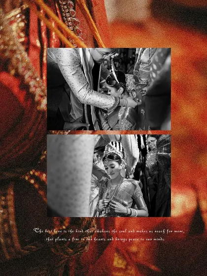 A creative collage blending black and white images of the wedding rituals, adding a timeless and artistic feel.