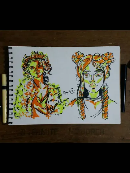 A quick and colorful sketchbook study using brush pens, exploring different characters and styles in a loose, expressive manner.