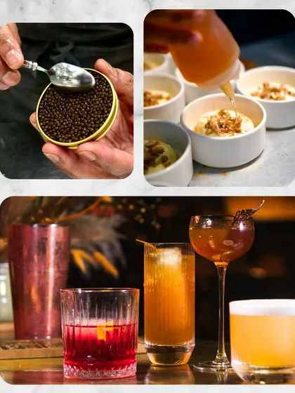 A collage showcasing the breadth of our offerings, from premium ingredients like caviar to a lineup of our diverse and colorful signature cocktails. Each drink is designed to be a unique experience, whether it's a rich red Negroni or a frothy sour.
