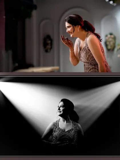 A candid shot of the bride's laughter and a dramatic black and white portrait, showing different facets of her personality.