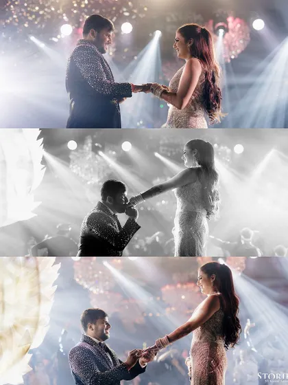 A sequence of the groom proposing to the bride on stage, a romantic and theatrical moment.