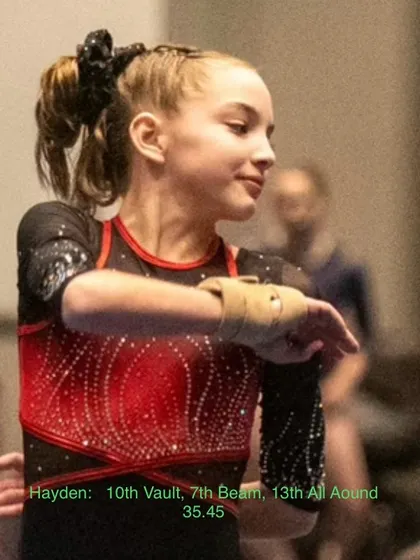 Hayden, a Level 7 gymnast, in a moment of intense focus during her routine at the state meet.