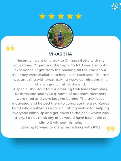Vikas Jha's review from a corporate trek to Chinaga Betta praises our helpful and motivating trek leads.