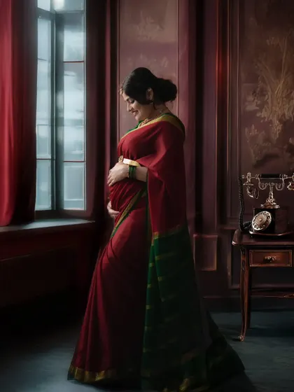 A quiet, reflective moment by the window. The soft light highlights the beautiful drape of the saree and the mother's gentle embrace of her baby bump.