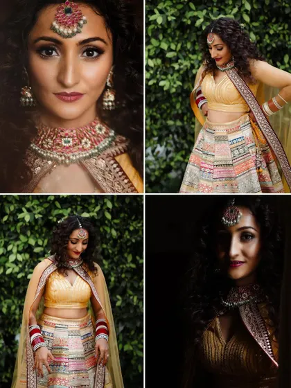 A collage of a bride in her stunning Mehendi outfit, showing different angles and her beautiful smile.