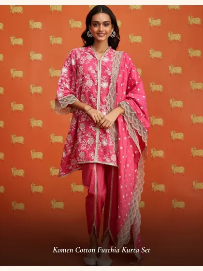 Deal of the day. The Komen Cotton Fuschia Kurta Set is a vibrant and fun outfit, perfect for adding a pop of color to your wardrobe.