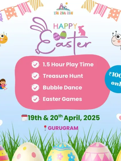 An egg-citing Easter celebration. Our poster details the fun, including a treasure hunt, bubble dance, Easter games, and plenty of playtime.