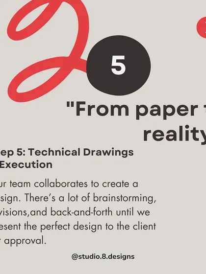 Step 5: From paper to reality. We create detailed technical drawings and oversee the on-site execution, ensuring that every element is built to our exacting standards.