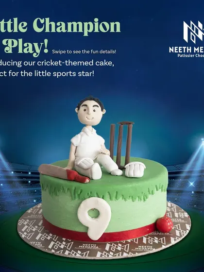 Little champion at play. This cricket-themed cake is set against a stadium backdrop, perfect for a young sports star.