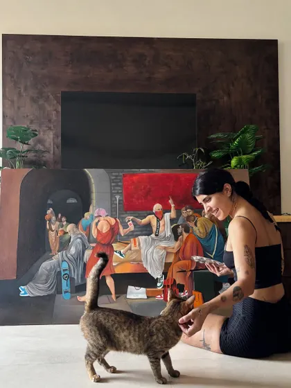 My studio assistant and harshest critic, my cat, came to inspect my progress on the Socrates painting. He seems to approve.