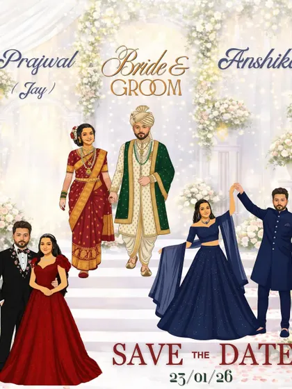 This "Save the Date" is more than just an announcement, it's a wardrobe planner. I illustrated the couple in their different outfits for the wedding events, giving guests a fun preview of the celebrations to come.