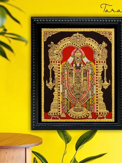 This 10x8 inch Balaji Tanjore painting is shown in a home setting, demonstrating how even a compact piece can create a powerful spiritual focal point. It's an accessible way to bring home divine art.