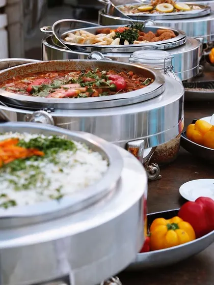 Our buffet lines are a sight to behold. We use high-quality stainless steel chafing dishes to keep main courses like our rich vegetable curries and fluffy rice preparations perfectly warm and ready for serving.