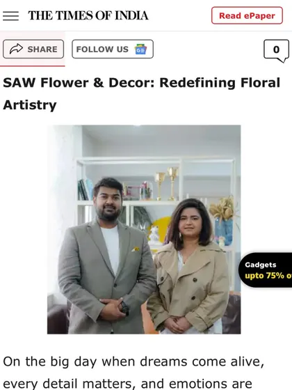 An image from our feature in The Times of India, "SAW Flower & Decor: Redefining Floral Artistry." This article highlights our dedication to transforming a couple's vision into a breathtaking reality.