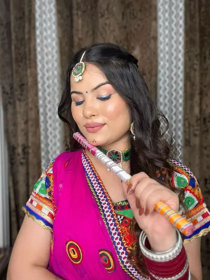 A close-up of the Navratri makeup, showing the blended blue and pink eye makeup.
