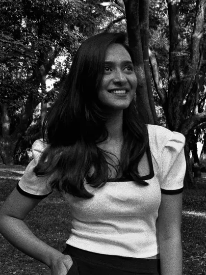 A black and white portrait taken in a park in Bangalore.