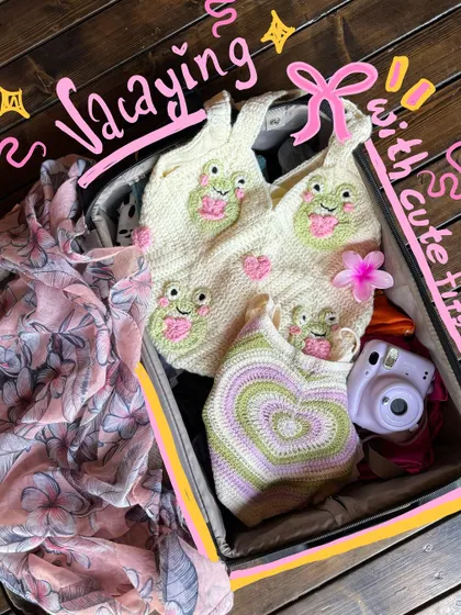 I'm just a girl, packing my cute crochet bags for a vacation. The doodles add a scrapbook feel.
