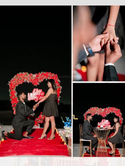 A collage of Ashish and Pallavi's proposal moment, capturing the ring exchange and the joy on their faces under the "Will you marry me?" sign.