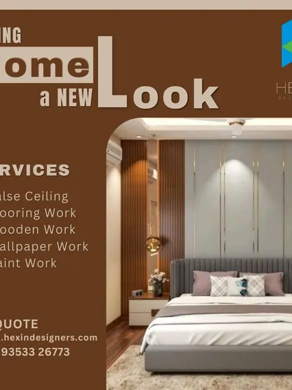 This bedroom design concept focuses on creating a new look with rich textures. It features a padded headboard, vertical wood paneling on the accent wall, and a modern false ceiling design to add depth and character.