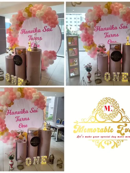 A collage of a first birthday setup, showing the personalized backdrop and balloon ring.