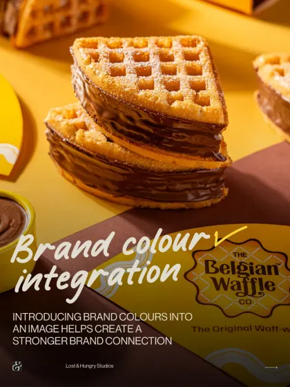 We believe in strong brand color integration. By incorporating a brand's colors into the background and props, as we did here for The Belgian Waffle Co, we create a stronger and more memorable brand connection.