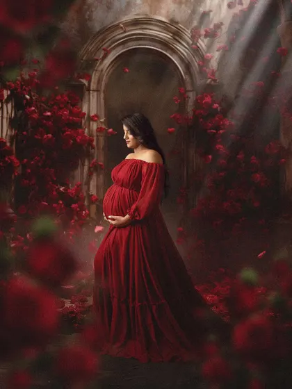 A side profile of the mom to be, beautifully showcasing her baby bump. The archway and falling rose petals create a magical, almost mythical scene in the studio.