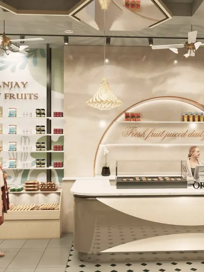 The design for the fresh juice and sweet corner. We used an arched alcove, elegant branding, and a curved counter to create a distinct and attractive 'store-within-a-store' that draws customers in.