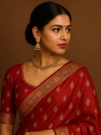 A slightly different angle of the model in the red saree, providing another strong option for a brand lookbook or portfolio.