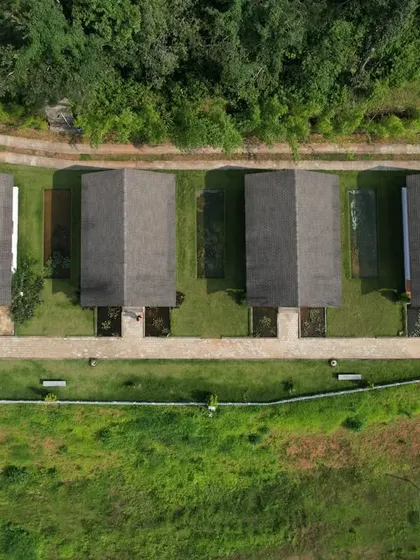 An aerial view of a set of beautiful cottages, our stay for a trip in Shivamogga. Clean, comfortable, and surrounded by nature.