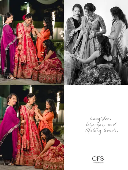 "Laughter, lehengas, and lifelong bonds." A heartwarming collage of the bride with her bridesmaids, capturing the fun and supportive moments before the wedding.
