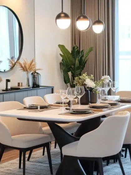 A round mirror and a trio of pendant lights create a stylish focal point above the sideboard in this modern dining room. The table is set for an elegant meal, showcasing how the space is both beautiful and ready for everyday use.