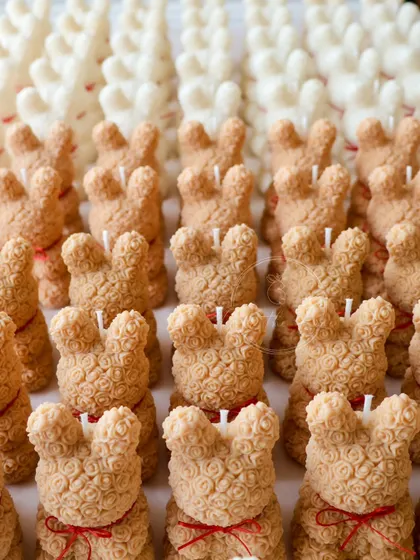 The army of beige Rose Bear candles, ready for their new home.