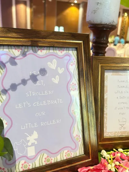 It's all in the details. Custom-designed stationery with sweet messages adds a personal and whimsical touch to the baby shower decor.