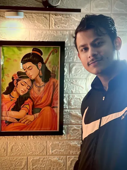 Another photo of me with the framed Siya Ram portrait. I love sharing the final result and the connection between the artist and the art.