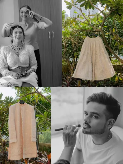 A getting-ready collage that also serves as a detail shot, showing the bride's lehenga, the groom's sherwani, and their makeup sessions.