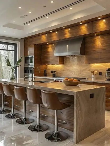This luxurious kitchen design features rich wood cabinetry and a massive stone island with seating for five. It's a perfect example of an open-concept kitchen designed for entertaining guests in style.